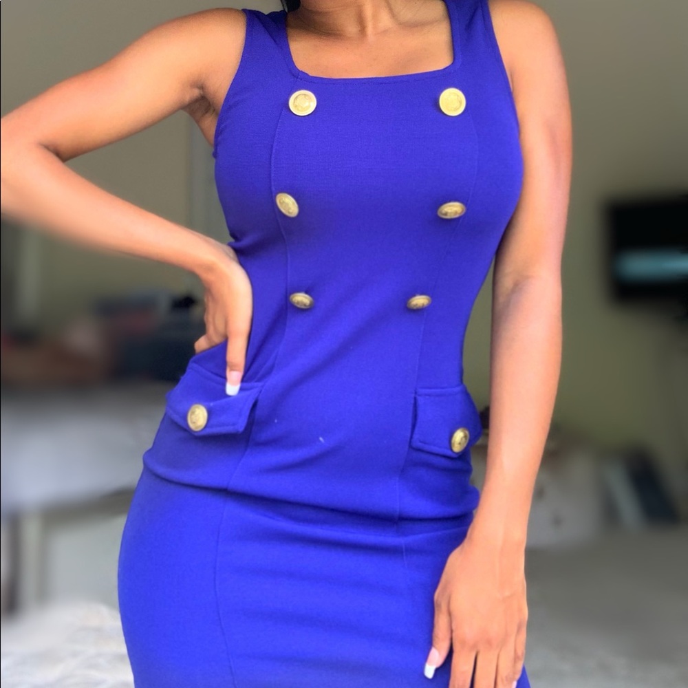 Navy Midi Dress with gold button detail